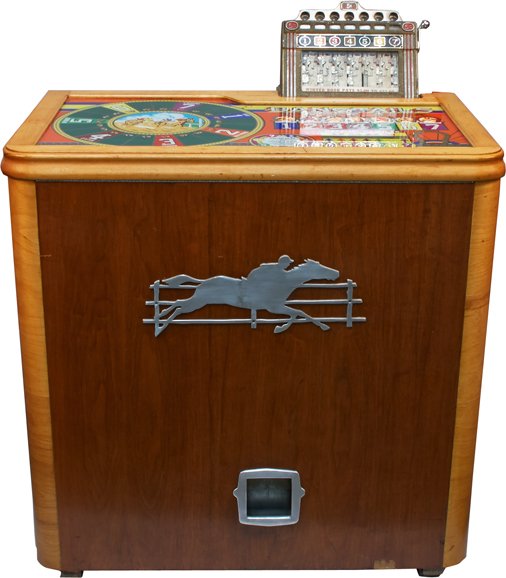 5 Cent H.C. Evans "Bang Tails" Winter Book Horse Race: 5 Cent H.C. Evans "Bang Tails" Winter Book Horse Race Console Slot Machine c1939, Restored cabinet, Glass in excellent condition, In working condition, Comes w/ separate original glass (in addition to