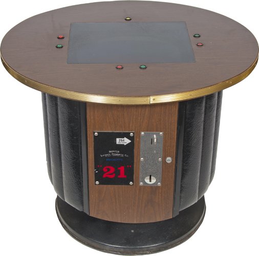 25 Cent Rover Leisure Products Co. "21" Blackjack Video: 25 Cent Rover Leisure Products Co. "21" Blackjack Video Cocktail Table Arcade Game, Round table w/ wooden top & leather-covered base, 1 button sticks