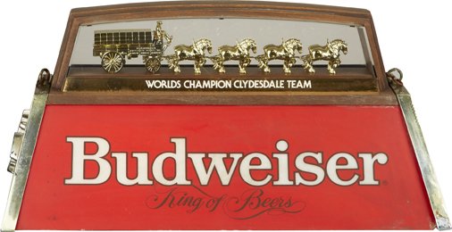 Budweiser Beer Worlds Champion Clydesdale Team Hanging: Budweiser Beer Worlds Champion Clydesdale Team Hanging Pool Table Billiards Lamp, Featuring figural horse team & wagon, "King Of Beers", 2-bulb light w/ red shade - 25" x 13" x 13"h