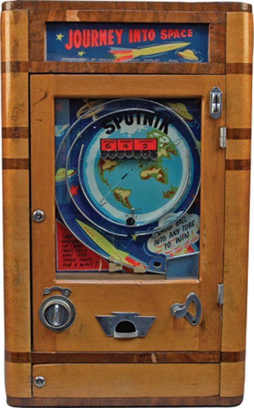 Coin-Op "Sputnik" Space-Themed British Countertop Skill: Coin-Op "Sputnik" Space-Themed British Countertop Skill Game Arcade Machine, c1950s Parkers Automatic Supplies MFG., Works w/ large British penny, Approx. 30 coins included, "Journey Into Space" sign,