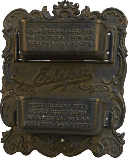 Ornate Cast-Iron Eclipse Stove Wall Mount Match Holder: Ornate Cast-Iron Eclipse Stove Wall Mount Match Holder, 2 removable holders, "This holds all the waste fuel from an Eclipse Gas Stove" & "This holds the only kindling required from an eclipse gas stov