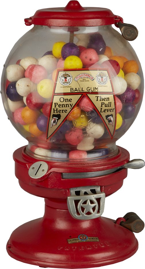 1 Cent Columbus Model 17 Gumball Vending Machine c1923: 1 Cent Columbus Model 17 Gumball Vending Machine c1923, cast-iron base & lid w/ original Columbus barrell locks w/ keys, restored
