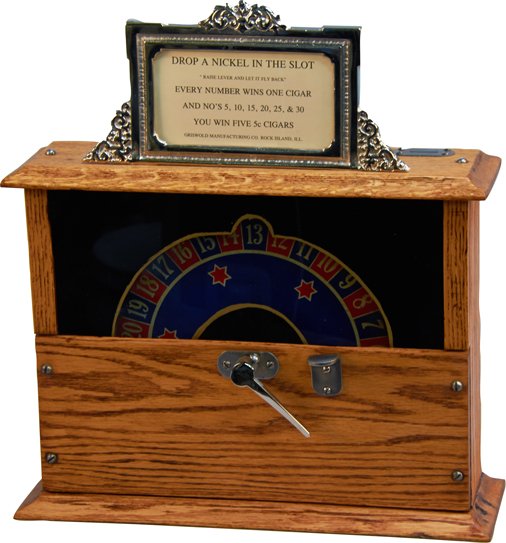 5 Cent Griswold Co. Wheel Of Fortune Trade Stimulator: 5 Cent Griswold Co. Wheel Of Fortune Countertop Cigar Trade Stimulator w/ "Drop a Nickel in the Slot - Raise Level and Let It Fly Back" top sign, Oak case c1893