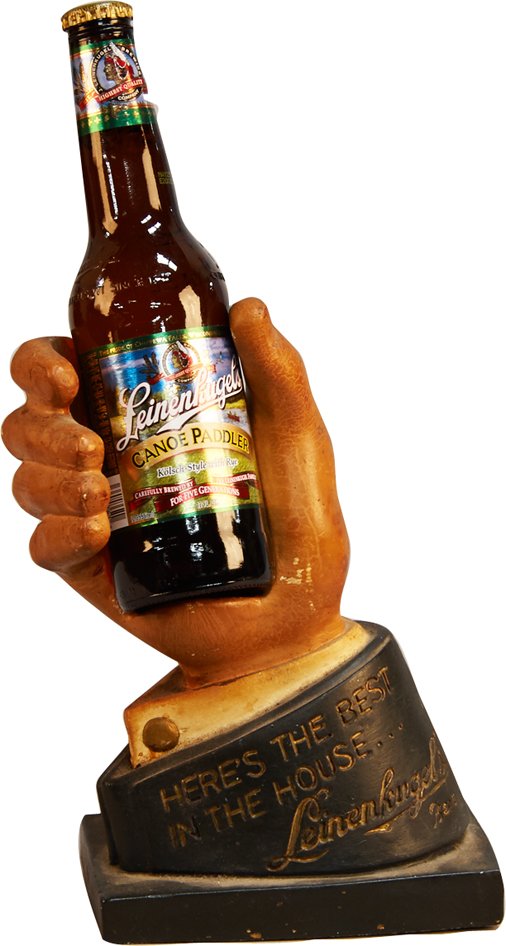 Leinenkugal's Beer Countertop Figural Hand Advertisemen: Leinenkugal's Beer Countertop Figural Hand Advertisement Display w/ Bottle, "Here's The Best In The House", Jacob Leinenkugal Brewing Company, Chippewa Falls, Wisconsin copyright 1940 - 13"h (w/ bottl