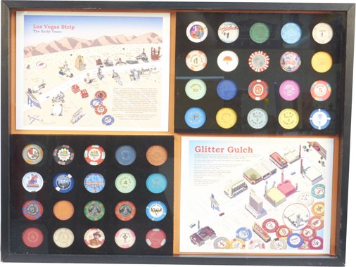 Unique Artist's Display Print Of Las Vegas: Unique Artist's Display Print Of The Early Years Las Vegas Strip & Downtown Glitter Gulch in Shadow Box Frame, Display includes casino memorabilia of 40 Las Vegas casino gaming chips, many from casino
