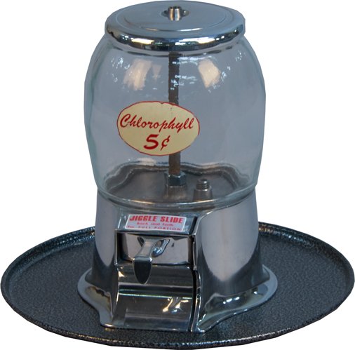 5 Cent Abbey MFG. "Cash Tray" Chlorophyll Vending: 5 Cent Abbey MFG. "Cash Tray" Countertop Chlorophyll Vending Machine w/ "Chlorophyll 5 Cents" decal, c1948, Has base tray, Excellent condition w/ key