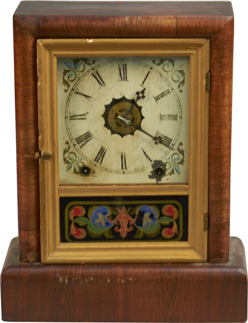 Early Wooden Mantel Clock w/ Pendulum: Early Wooden Mantel Clock w/ Pendulum, Roman numeral dial, Glass door w/ gold detailing, New Haven Clock Co. w/ wind-key - 11" x 4" x 13"h