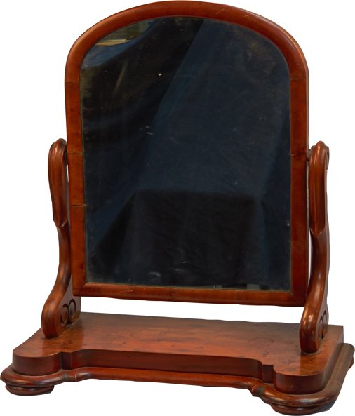 Antique Mirror on Stand: Antique Mirror on Stand, Carved wood detail, Curved-top mirror, Good condition - Mirror 21"h, Base stand 24" x 11" x 17"h