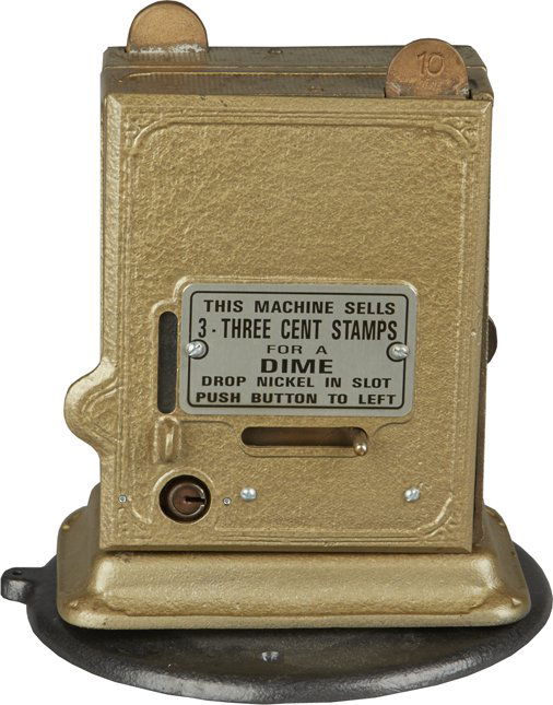 Coin-Op Schermack Postage Stamp Double Vending Machine: Coin-Op Schermack Products Co. Cast-Iron Countertop Postage Stamp Double Vending Machine, Two-sided on original rotating lazy susan base, Small machine, Rare c1930s