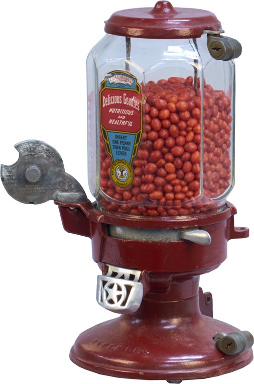 10 Cent Columbus Model A Vending Machine c1910: 10 Cent Columbus Model A Vending Machine c1910 w/ "Pacman" style slug rejector, cast-iron base w/ octagon glass globe, has original Columbus barrel locks