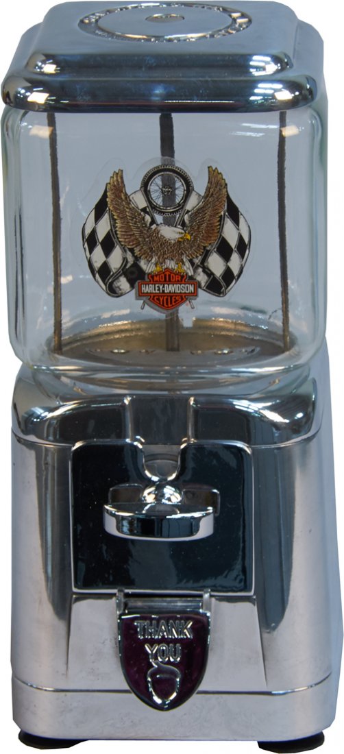 1 Cent Oak MFG. "Acorn" Countertop Vending Machine: 1 Cent Oak MFG. "Acorn" Countertop Vending Machine w/ Harley-Davidson Motorcycles decal, Square globe c1947 w/ key