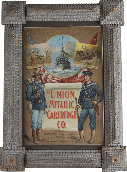 The Union Metallic Cartridge Co. Print in Tramp Art: The Union Metallic Cartridge Co. Print in Tramp Art Frame, Featuring soldiers w/ The Astor Battery, USS Oregon & 1st USV Cavalry "Rough Riders" - 28" x 20"