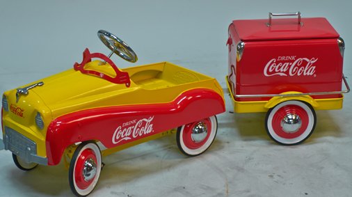 Drink Coca-Cola Childs Pedal Car w/ Matching Trailer: Drink Coca-Cola Childs Pedal Car w/ Matching Trailer, w/cooler Gearbox Pedal Car Company, Cedar Rapids, Iowa, Has Coca-Cola "Refresh Yourself" yellow & red motif, Excellent condition