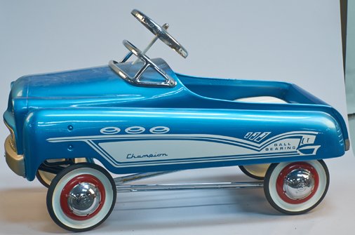 Vintage Champion Pedal Car: Vintage Champion Pedal Car, blue, chrome steering wheel & window frame, white seat cushion