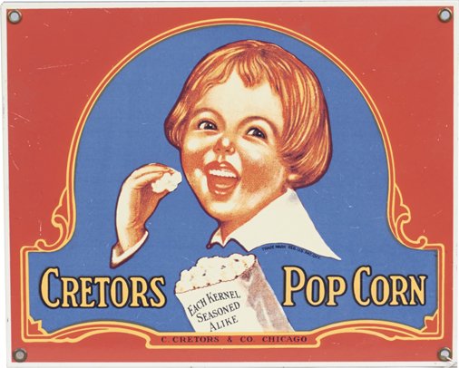 Cretors Pop Corn Porcelain Sign: Cretors Pop Corn Porcelain Sign, "Each Kernel Seasoned Alike" featuring little boy w/ popcorn, C. Cretors & Co. Chicago - 10" x 8"