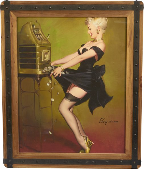 Gil Elvgren "Jackpot" Pin-Up Girl Canvas Print in Fancy: Gil Elvgren "Jackpot" Pin-Up Girl Canvas Print in Fancy Frame, Featuring blonde playing a Mills hi-top slot machine c1949 - 20" x 24"