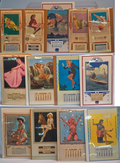 Lot of 13 Pin-Up Girl & Misc. Calendars: Lot of 13 Pin-Up Girl & Misc. Calendars, Reproductions for years 1935-1964, Including artwork by pin up artists Earl Moran, Gil Elvgren, K.O. Munson, Walt Otto, etc., Several are Route 66 advertisemen