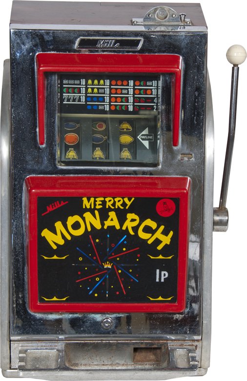 Coin-Op British Mills Merry Monarch Slot Machine: Coin-Op British Mills Merry Monarch Light-Up Slot Machine, Takes 1 Pence, Has ashtrays, Not currently in working condition