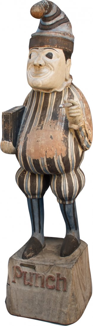 Large Painted Wooden "Punch" Cigar Store Figure: Large Painted Wooden "Punch" Cigar Store Figure on Wood Base, Given to the owner by Edgar Cullman Sr. of General Cigars, one of the pioneers in the cigar industry, He is holding a "Punch" cigar - 68"h
