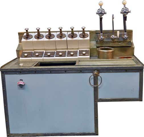 Vintage Soda Fountain Bar Set: Vintage Soda Fountain Bar Set, Enjoy Coca-Cola bottle opener, Includes 6 original button labeled syrup flavor pumps & containers (Coke, Chocolate, etc.), Double head soda jerk w/ marble & nickel, 6 la