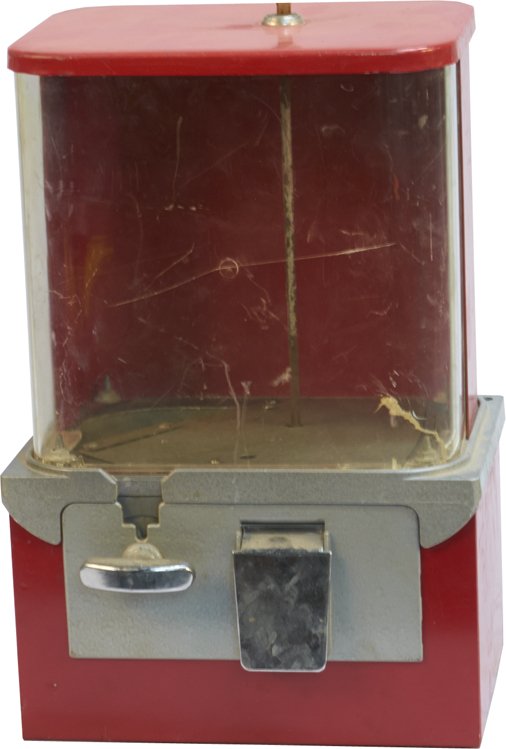 1 Cent Coast Vending "Multi-Vender" Red Countertop: 1 Cent Coast Vending "Multi-Vender" Red Countertop Gumball Vending Machine c1957, Crack in plastic globe w/ key