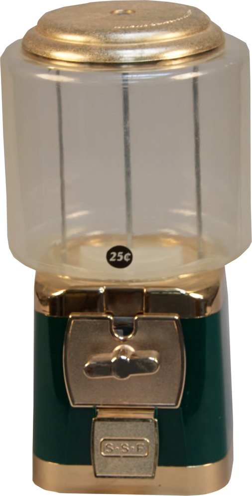 25 Cent Silent Salesforce, Inc. Countertop Gumball Vend: 25 Cent Silent Salesforce, Inc. Countertop Gumball Vending Machine, Green & gold base w/ plastic cylinder globe, "S.S.F" on chute flap