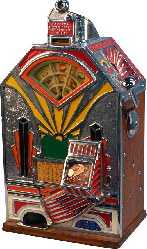 1 Cent O.D. Jennings "Little Duke" Jackpot Counter: 1 Cent O.D. Jennings "Little Duke" Jackpot Counter Three-Wheel Slot Machine, Bent coin rejector c1932 w/ keys