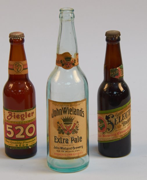 Lot of 3 Early Glass Beer Bottles:: Lot of 3 Early Glass Beer Bottles: 1 - Ziegler 520 Beer, Est. 1874, Full unopened w/ cap, 1 - Maier Select Beer, Full unopened w/ cap & 1 - John Wieland's Extra Pale Lager Beer w/ labels