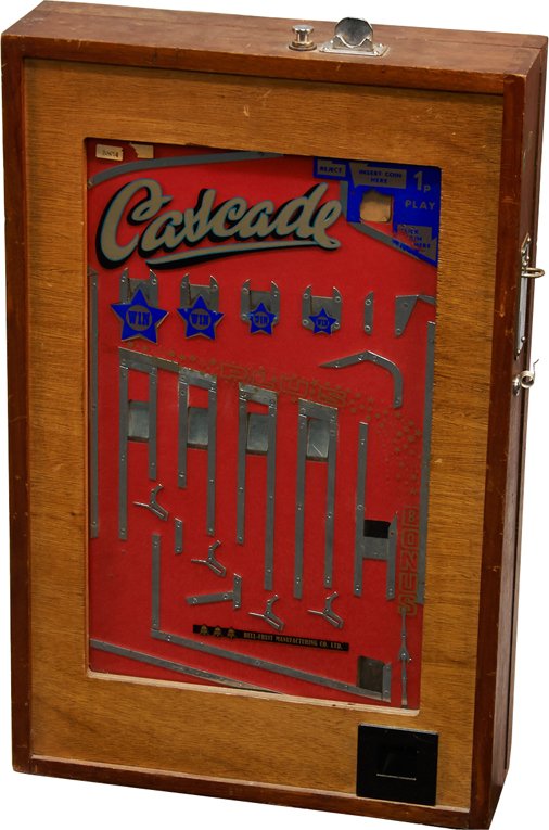 1 Pence British "Cascade" Wall Mount Penny Drop: 1 Pence British "Cascade" Wall Mount Penny Drop Payout Drop Case Machine by Bell-Fruit Manufacturing Co. Ltd., Wood & glass case c1940s w/ keys