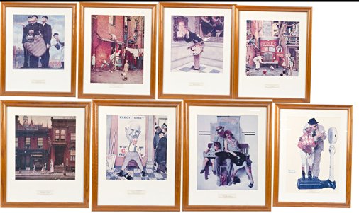 Set of 8 Norman Rockwell Saturday Evening Post Prints: Set of 8 Norman Rockwell Saturday Evening Post Prints in Matching Frames: 1 - "Before And After" 1958, 1 - "Tired But Happy" 1930, 1 - "Roadblock" 1949, 1 - "The Art Critic" 1955, 1 - "Walking To Chur
