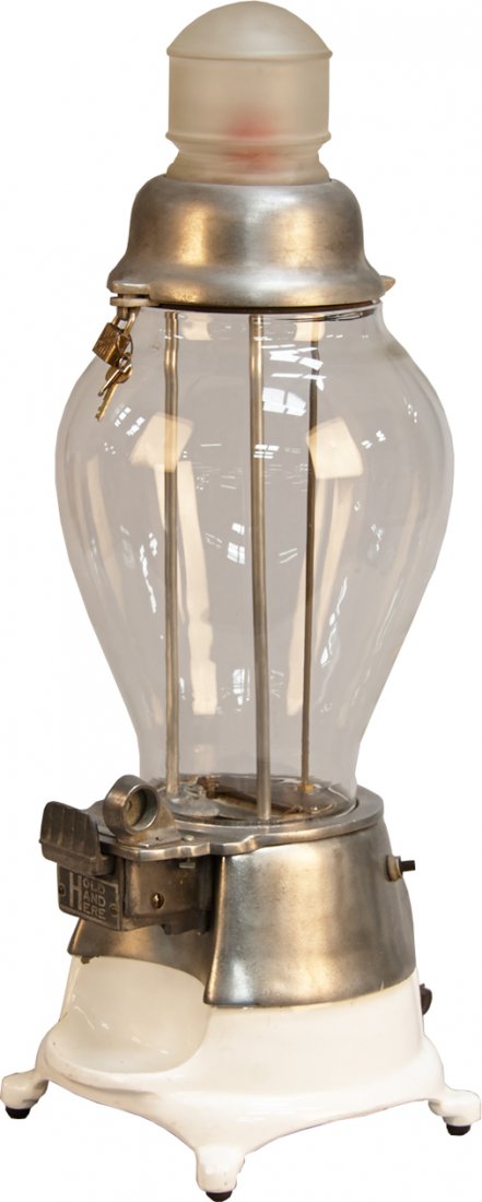 5 Cent Hance MFG. Rex Electrical Vender Hot Nut: 5 Cent Hance MFG. Rex Electrical Vender Hot Nut Countertop Vending Machine, White base w/ frosted glass topper w/ red bulb, Mach. No. 20347 c1920s, Great condition w/ padlock & keys