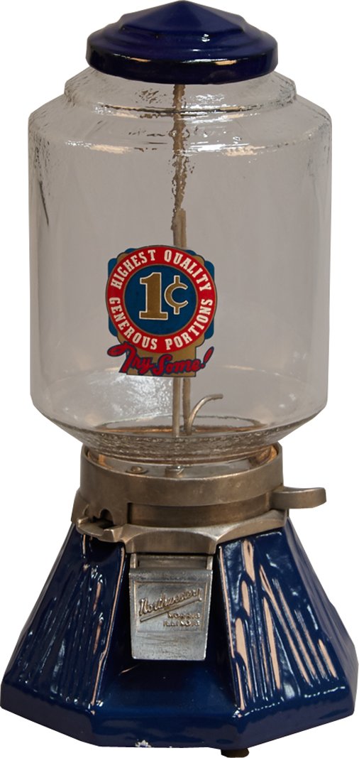 1 Cent Northwestern Model 33 Countertop Peanut Vending: 1 Cent Northwestern Model 33 Countertop Peanut Vending Machine w/ "Try Some" decal, Blue porcelain base w/ corrugated, embossed Northwestern globe w/ modernistic design stippled into glass to give it
