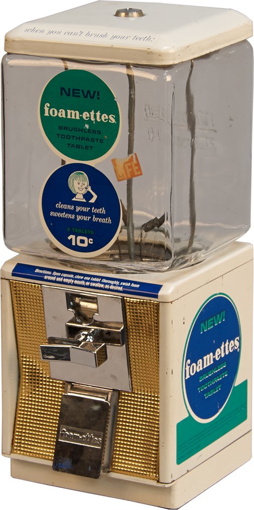 10 Cent Northwestern Model 60 "Foam-ettes" Brushless: 10 Cent Northwestern Model 60 "Foam-ettes" Brushless Toothpaste Tablet Countertop Vending Machine w/ Foam-ettes decals, White cabinet w/ embossed Northwestern square glass globe, No. C29598, c1959, Th