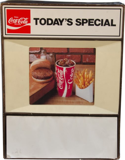 Enjoy Coca-Cola "Today's Special" Menu Board: Enjoy Coca-Cola "Today's Special" Menu Board w/ 8 interchangeable food & beverage product pictures & notepad, Has cardboard easel-back or can be mounted on the wall - 17" x 23"