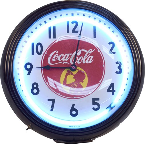 Telechron Coca-Cola Light-Up Round Wall Mount Clock: Telechron Coca-Cola Light-Up Round Wall Mount Clock, Silhouette of girl drinking Coca-Cola, Toastmaster, Inc. - 15"d