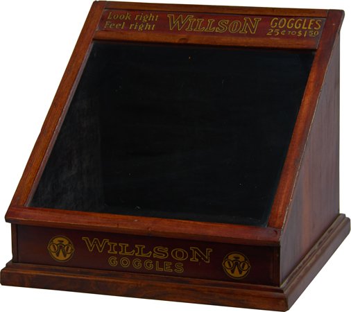Willson Goggles Wood Store Countertop Display Case: Willson Goggles Wood Store Countertop Display Case, "Look Right - Feel Right - Goggles 25 Cents to $1.50", Slant top w/ glass display window - 14" x 15" x 13"h