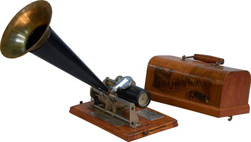 Early Graphophone by The American Graphophone Co.: Early Graphophone by The American Graphophone Co. w/ Horn, Type BX No. 429877, Pat. 1886-1897, Sold by Columbia Phonograph Co. This is a small portable version w/ the lid & handle, comes w/ a cylinder
