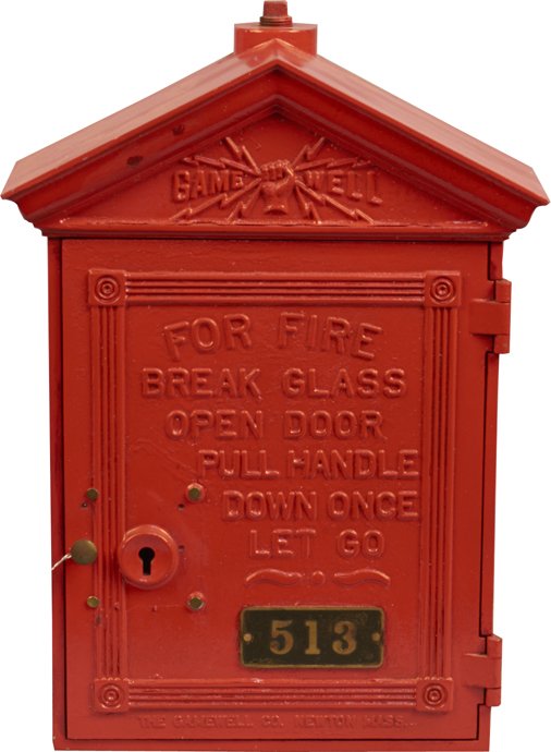 Gamewell No. 513 Emergency Fire Alarm Box: Gamewell No. 513 Emergency Fire Alarm Box, "For Fire Break Glass Open Door Pull Handle Down Once Let Go", The Gamewell Co. Newton, Mass. c1950s - 11" x 5" x 17"h