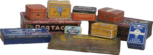 Lot of 11 - Early Misc. Display/Storage Tin Containers: Lot of 11 - Early Misc. Display/Storage Tin Containers c1930s-1940s, Including: "GOOD" Goods, Sexauer-Self Tapping Screws, Edison Mazda Lamps, National Mazda Auto Lamps, etc. (all empty)