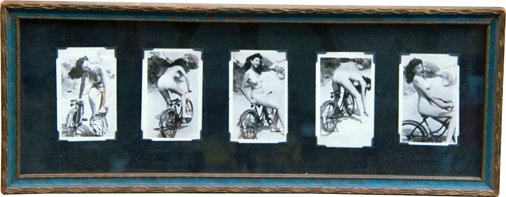 Set of 5 Vintage Black & White Nude Brunette on Bicycle: Set of 5 Vintage Black & White Nude Brunette on Bicycle Photographs in Frame, Featuring striptease by pretty lady on bicycle c1950s - Photographs 2.5" x 4" each, 21" x 8" (In frame)