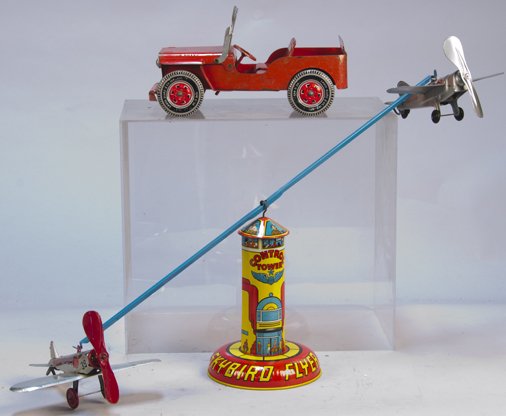 Lot Of 2 - Vintage Marx, USA., Litho. Tin Toys:: Lot Of 2 - Vintage Marx, USA., Litho. Tin Toys: 1 - "SkyBird Flyer" c1927, w/ 2-planes & 1 - "Willys" Jeep c1938, hood opens, windshield folds down - 12"l