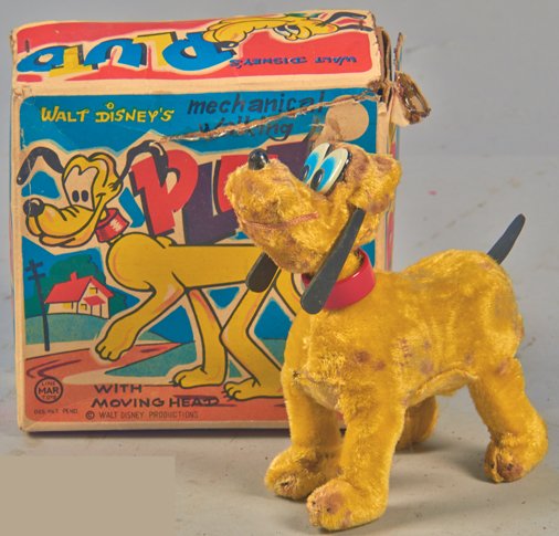 Vintage Mechanical Walking Pluto w/ Moving Head: Vintage Mechanical Walking Pluto w/ Moving Head c1950's, by Linemar, Japan, plush covered tin body w/ rubber ears & tail, wind-up, has the original paper label on belly, Copyright Walt Disney Producti
