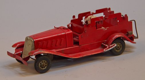 Lot of 2 - Vintage Made In USA., Pressed-Steel Fire Dep: Lot of 2 - Vintage Made In USA., Pressed-Steel Fire Dept. Vehicles c1930's: 1 - Siren Fire Chief car, by Marx, battery op., light-up headlights w/ "Marx Toys" rubber tires - 15"l. & 1 - ladder truck, 