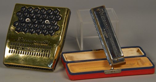 Lot of 2 Hohner Harmonicas:: Lot of 2 Hohner Harmonicas: 1 - M. Hohner "The 64th Chromonica" Harmonica In Red Hohner Case, 4 Chromatic Octaves Professional Model, Made In Germany Nr. 280 - 7.5" long & 1 - M. Hohner Harmonetta, Ma