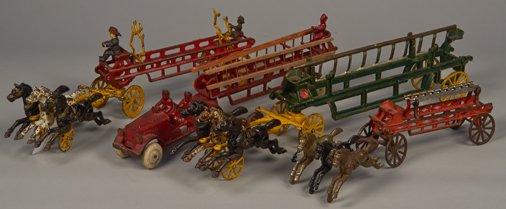 Lot of 4 - Vintage Misc. Cast-Iron Fire Hook & Ladders: Lot of 4 - Vintage Misc. Cast-Iron Fire Hook & Ladders: 3 - w/ 3-horse team, 1-green, no driver w/ broken end piece - 22"l., 2-red w/ drivers - approx. 19"l. & 14"l. & 1 - 2-piece fire truck & trailer