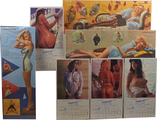 Lot of 7 Nude & Pin-Up Girl Pictures: Lot of 7 Nude & Pin-Up Girl Pictures: 4 - 1979 Calendars - 17" x 9" & 3 - Esquire's Lady Fair magazine prints, "Venus On The Rocks", "Georgian Frou-Frou" & "Bubble Yum" - 25" x 9"
