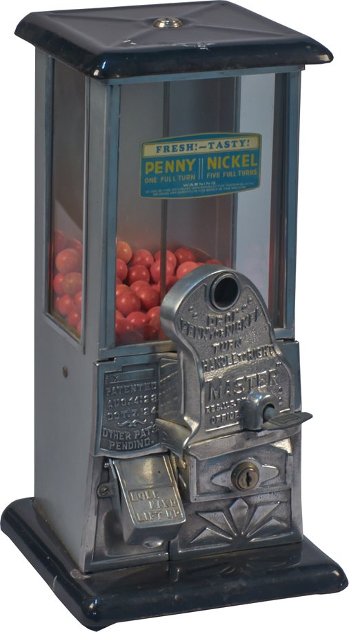 1/5 Cent Master No. 2, Porcelain & Aluminum "Gooseneck": 1/5 Cent Master No. 2, Porcelain & Aluminum "Gooseneck" Vending Machine c1925, by Norris MFG. Co., 1-turn penny, 5-turns nickel, looks to be in original condition w/ key