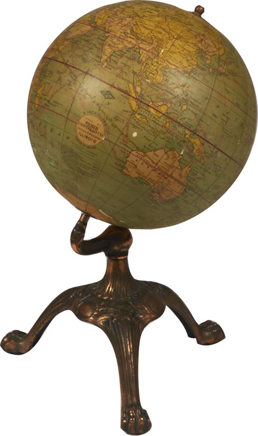 Early Small World Globe on Iron Claw Foot Stand: Early Small World Globe on Iron Claw Foot Stand, 8 inch globe by Weber Costello Co. Chicago Heights, Illinois, Copper finish - approx. 14"h