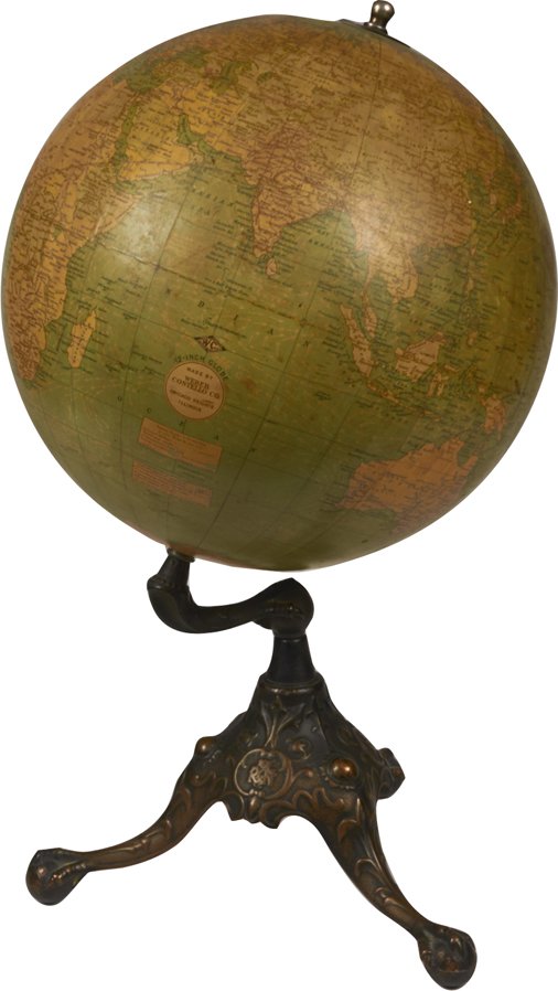 Early World Globe on Iron Ball Claw Foot Stand: Early World Globe on Iron Ball Claw Foot Stand, 12 inch globe by Weber Costello Co. Chicago Heights, Illinois - approx. 21"h