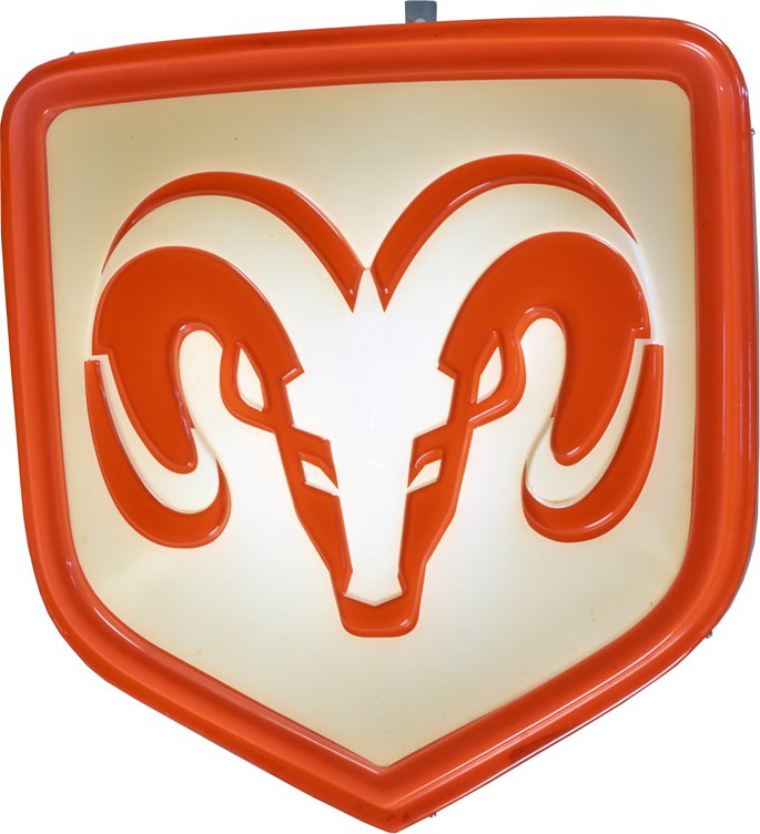 Dodge Dealership Ram Embossed Plastic Light-Up Showroom: Dodge Dealership Ram Embossed Plastic Light-Up Showroom Sign - approx. 23" x 25"h